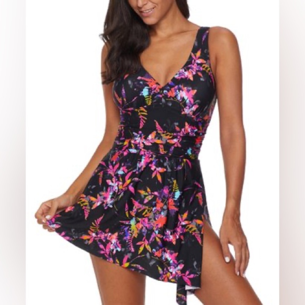 NWOT - Beautiful black floral swim dress asymmetrical skirt.